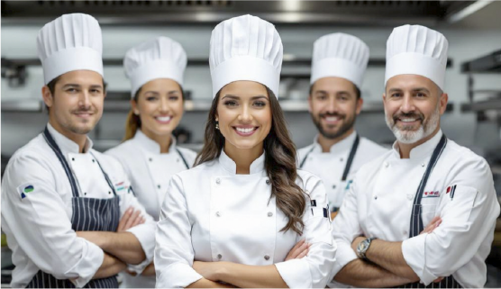 Group of chefs beaming with pride and smiling as they prepare to cook