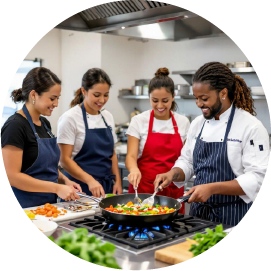 Group of four cheerful chefs smiling as they prepare dishes