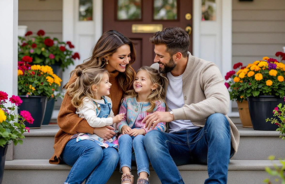A happy family sits on the steps of a cozy home