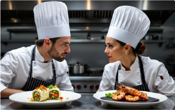 Two chefs getting ready for a cooking contest