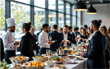 Buffet line with a cook serving food to guests