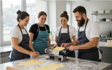 Four bakers preparing ingredients and discussing their plan
